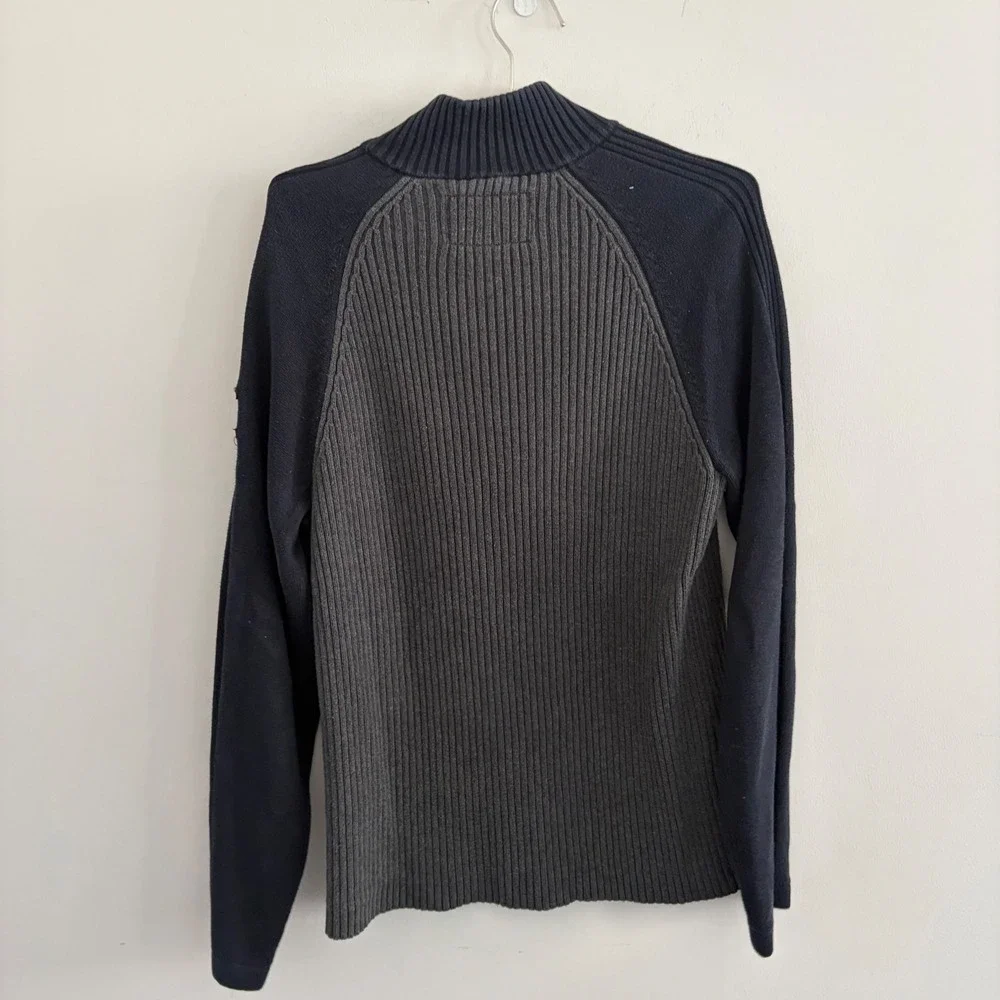 Nautica Jeans Co Mens Medium Gray Navy Blue Ribbed 1/4 Zip Pullover Sweater